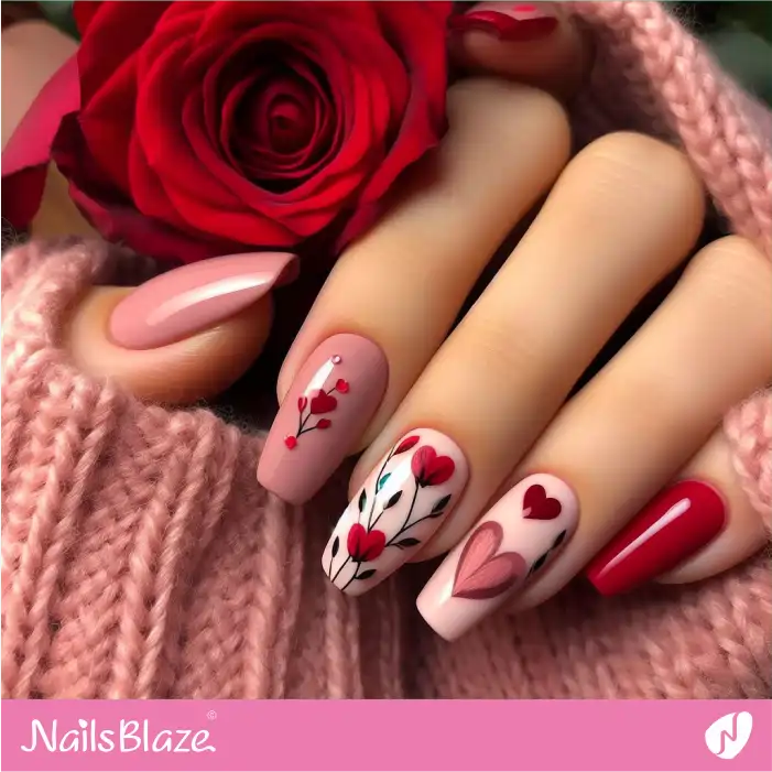 Pink and Red Valentine Nail Design with Hearts and Flowers | Valentine Nails - NB2115